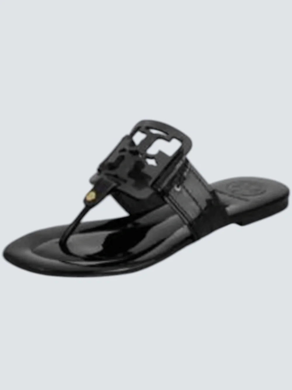 Tory Burch Black Patent Leather Miller Sandals Rare Square Logo SZ 6.5M